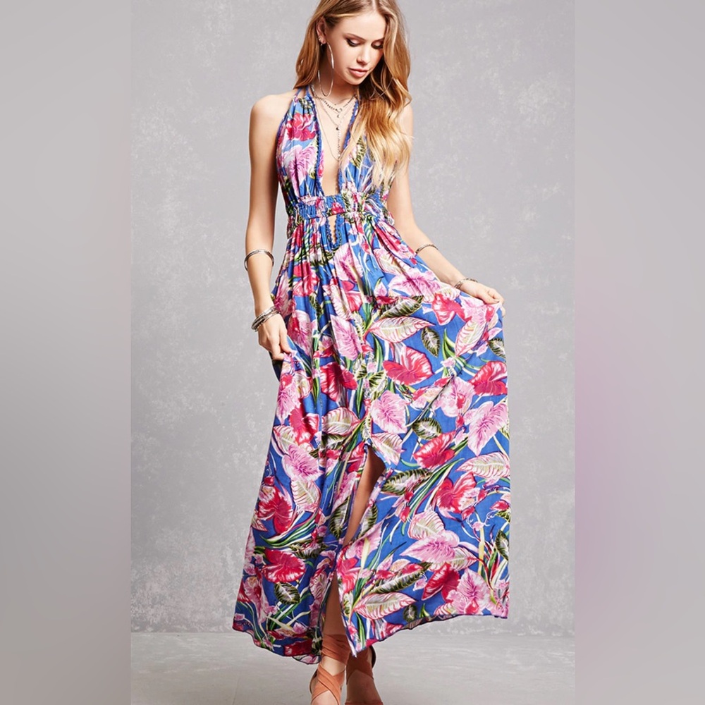 Boho Me Floral Maxi Dress Tropical Blue Pink Small